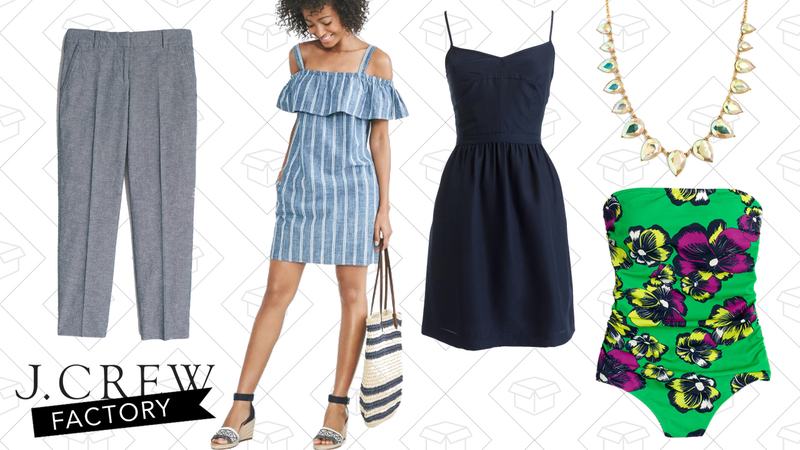 Cotton-Linen Chambray Skimmer Pant, $35 | Striped Chambray Ruffle-Neck Dress, $35 | Cami Dress, $40 | Iridescent Teardrop Necklace, $25 | Graphic Floral One-Piece Swimsuit, $42
